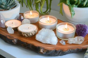 Candles and crystals arranged on a wooden tray.