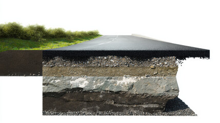 Cross-section view of asphalt road layers showing underground infrastructure with grass surface above. Educational diagram of pavement construction, civil engineering concept, road building materials 
