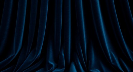 Fototapeta premium Deep blue velvet curtain folds, rich saturation, tactile softness, dramatic shadows