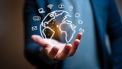 A glowing globe hovers above a hand, symbolizing global network
