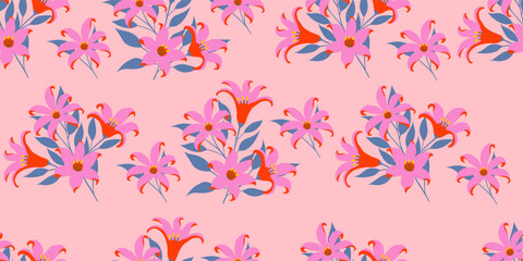 Hand drawn exotic Bunch of flowers abstract seamless patterns. Simple tropical summer botanical floral for textiles, wallpaper, wrapping paper, fabric, fashion, design background vector illustration