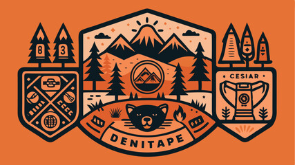 Obraz premium Detailed Outdoor Adventure & Camping Badge Vector - Mountains, Forest, Bear & Exploration Elements