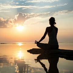 A silhouette of a woman practicing yoga at sunset by the sea