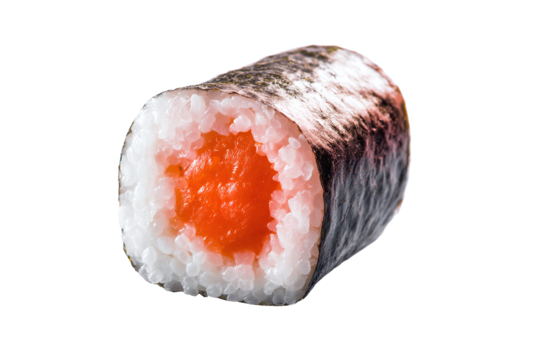 Salmon maki sushi roll isolated on white transparent background.