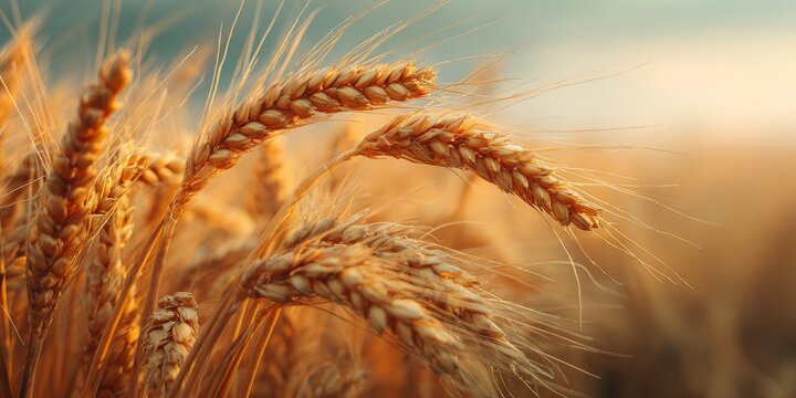 Golden Grain in Sunlight: A close-up shot captures the sun-kissed beauty of ripe wheat, the golden heads swaying gently, basking in the warmth of the day, symbolizing harvest.