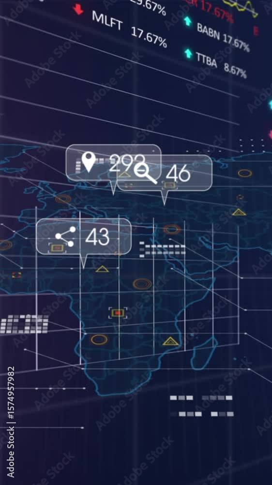 Poster animation of changing numbers and icon on message boxes over graphs , trading board and map
