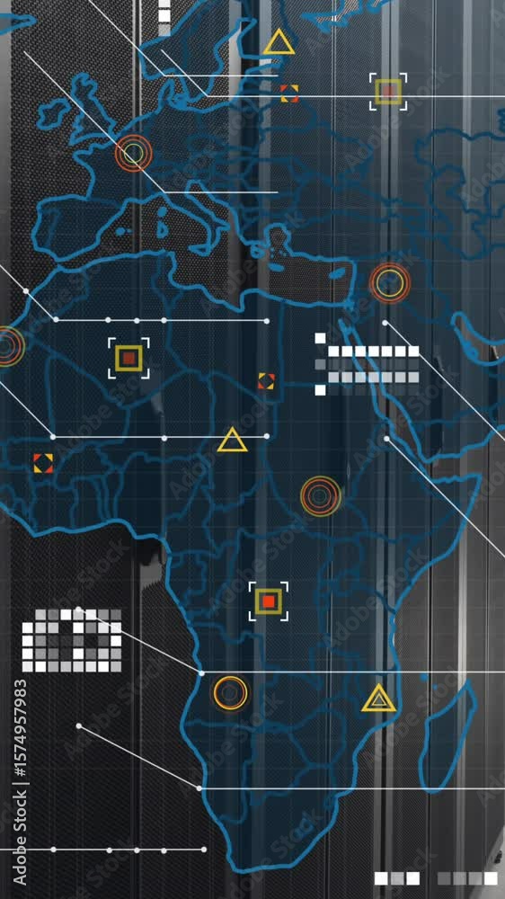 Poster animation of world map and data processing against empty computer server room