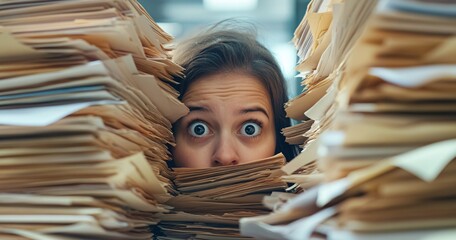 Stressed man buried under huge pile of documents and paperwork in office chaos