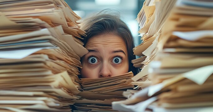 Stressed man buried under huge pile of documents and paperwork in office chaos