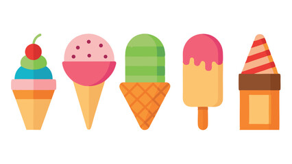 Sweet Summer Delights: Colorful Flat Ice Cream Cones and Popsicle Vector Set