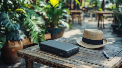 Dark gray case rests on a weathered wooden table amidst outdoor greenery.