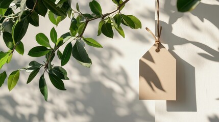 Empty tag hanging against a wall, with leaves casting shadows.