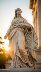 Fototapeta premium Beautiful marble statue of woman with flowing robes at sunset architecture design