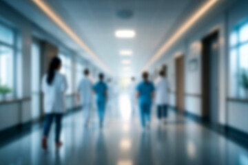 blurred for background. blurred figures of doctors and nurses in a hospital corridor. Doctors and nurses walking in hospital hallway. blurred motion. Moving human figure in the clinic corridor
