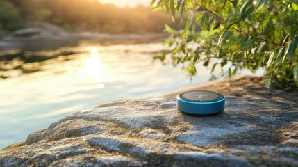 A round speaker rests on a rocky shore.