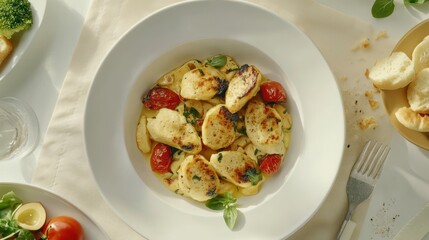 Creamy pasta dish with savory dumplings and cherry tomatoes.