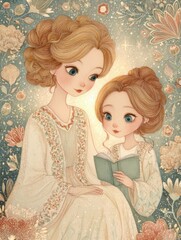 Vintage-inspired illustration of mother and daughter reading book amidst floral background with starry accents