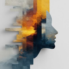 Artistic Paper Cutout of a Human Face with Nature Scene and Sunset Reflection, Abstract Creative Design