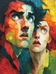 Abstract expressionist portrait of two women with surprised and curious expressions featuring bold brushstrokes and vibrant colors