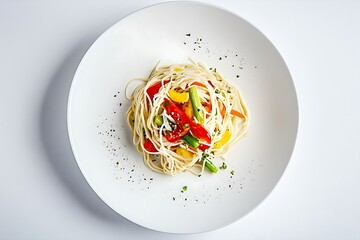 A top down view of a white plate filled with a serving of spaghetti and colorful chopped vegetables including red bell peppers yellow bell peppers and green beans sprinkled with herbs and pepper