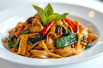 Delicious stir fried wide rice noodles with fresh green vegetables and red chili peppers garnished with basil leaves on a white plate