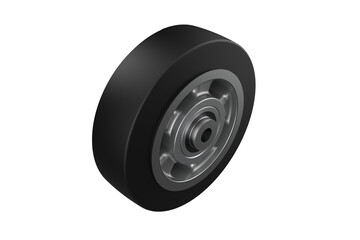 Durable Black Rubber Wheel with Metallic Grey Hub 3D Render - High-Resolution Industrial Transport Component Isolated on Transparent PNG for Engineering, Automotive, and Manufacturing Graphics.