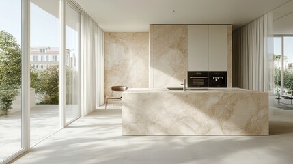 Modern kitchen with large windows overlooking a patio.