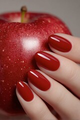 Close-up of a hand with glossy red nail polish holding a fresh red apple