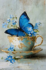 Artistic painting of a vibrant blue butterfly resting in a delicate porcelain teacup filled with blue flowers, with gold accents