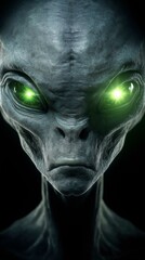 Close-up of an extraterrestrial alien with glowing green eyes and gray skin in dark background