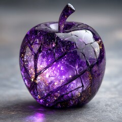 Artistic purple apple sculpture with galaxy-inspired design and illuminated glitter details