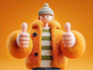 Cheerful cartoon character with thumbs up, wearing cozy winter clothes and a beanie, on orange background