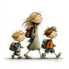 Whimsical watercolor illustration of a mother and two children walking together happily