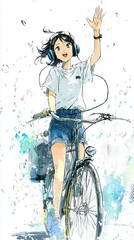 Young Woman Riding Bicycle with Headphones, Waving, and Smiling in Watercolor Style