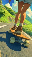 Close-up of person riding a skateboard on a scenic mountain road in summer with vibrant colors and detailed background