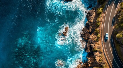 A captivating aerial view reveals a coastal road winding alongside azure waters, with a lone car driving.