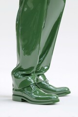 Close-up of shiny green rubber boots on a plain white background