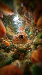 Close-up underwater shot of a small fish with orange and white colors surrounded by tiny fish in a vibrant coral reef environment