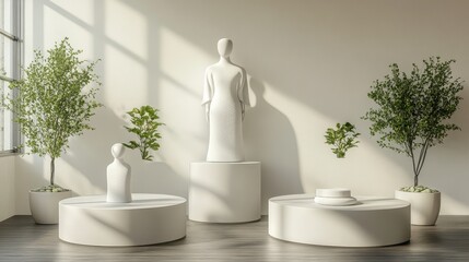 White pedestal display with sculptural figures and plants.