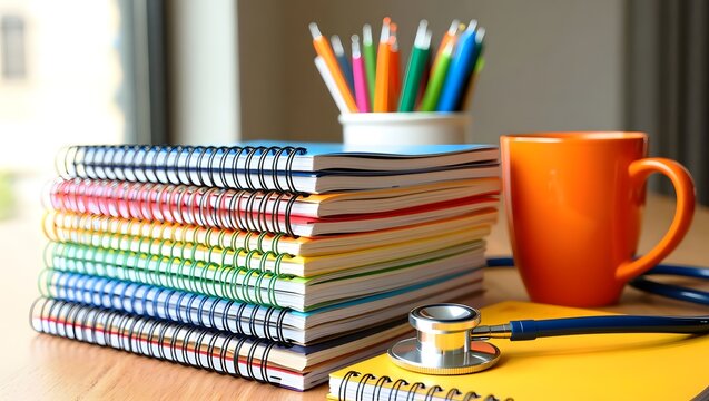Medical student study desk with stethoscope notebooks and coffee mug still life photo