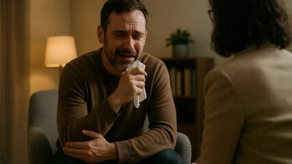 Male seeking emotional support during therapy session with professional in a comforting setting