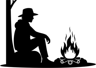 Silhouette of a Person Relaxing by a Campfire Under a Tree A Peaceful Camping Scene Illustration