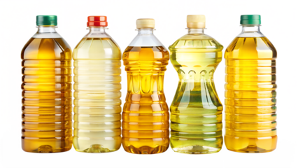 A collection of five plastic bottles filled with cooking oil, each with a different colored cap, isolated on a transparent background