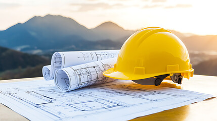 Construction blueprint with hard hat for engineering safety. Plans for building projects and structural development.