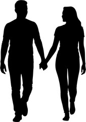 Silhouette of a Couple Holding Hands, Walking Away, Romantic Couple, Black and White Illustration, Vector EPS