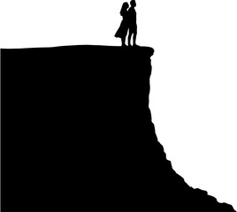 Silhouette of a Couple Standing on a Cliff Edge, Dramatic Vector Illustration, EPS