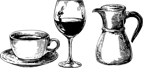 Vintage engraved art of teacup and coffee pot with wine glass for classic design projects