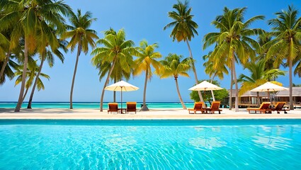 Obraz premium Beautiful tropical beach resort with palm trees and turquoise water