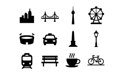 Icon set featuring cityscape, transportation, and recreation symbols in black silhouette style