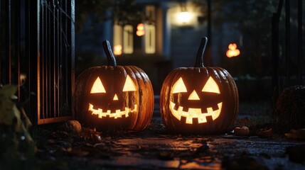 Obraz premium Glowing Jack-o'-lanterns on Halloween Night, 3D Render, spooky season, Autumn Halloween, Jack o lantern
